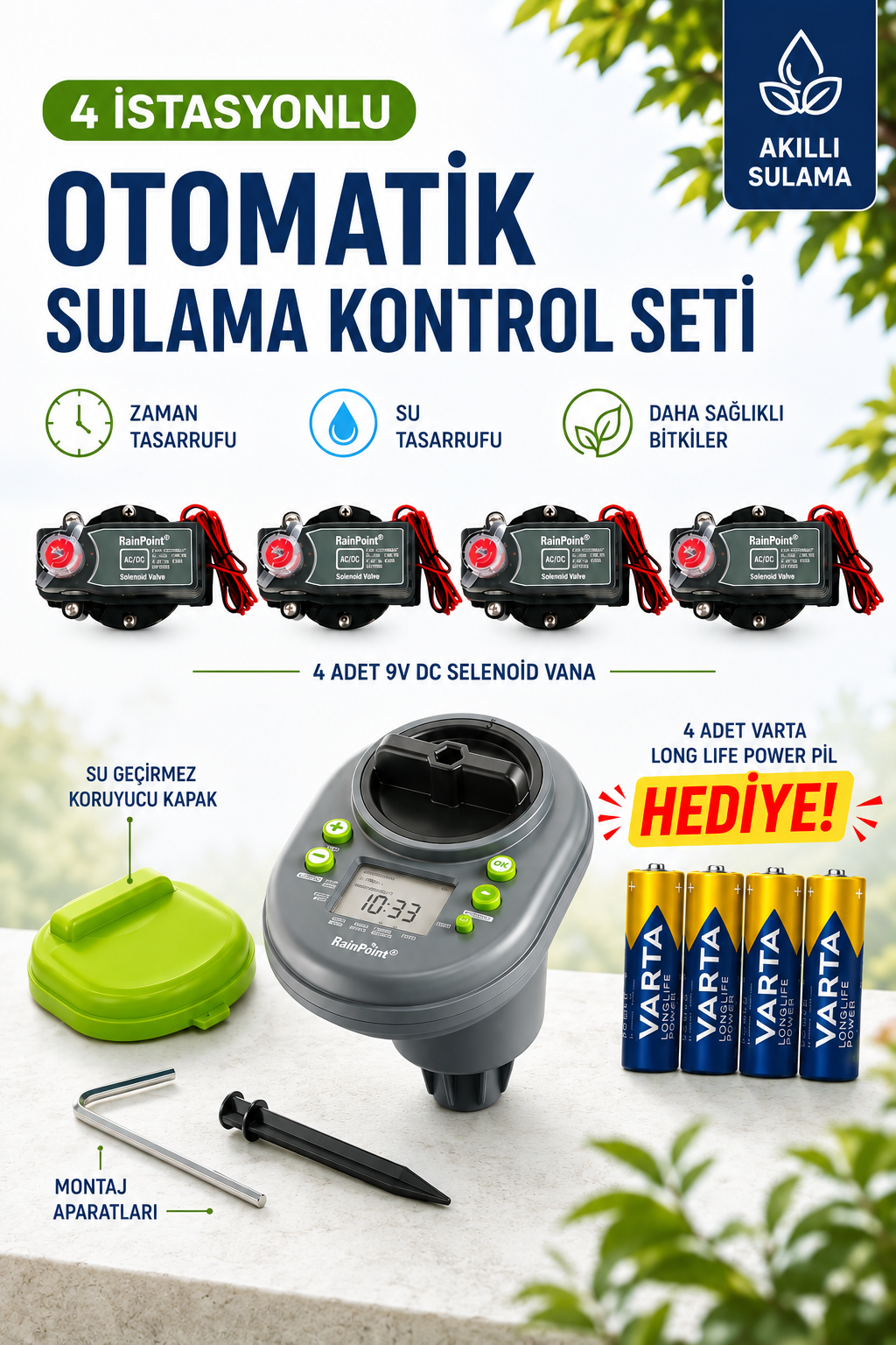 RainPoint 4 Bölgeli Otomatik Sulama Kontrol Seti – ITC407 + 1'' 9V DC Solenoid Vana