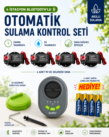 RainPoint Bluetooth'lu 4 Bölgeli Otomatik Sulama Kontrol Seti – HIC406B + 1'' 9V DC Solenoid Vana