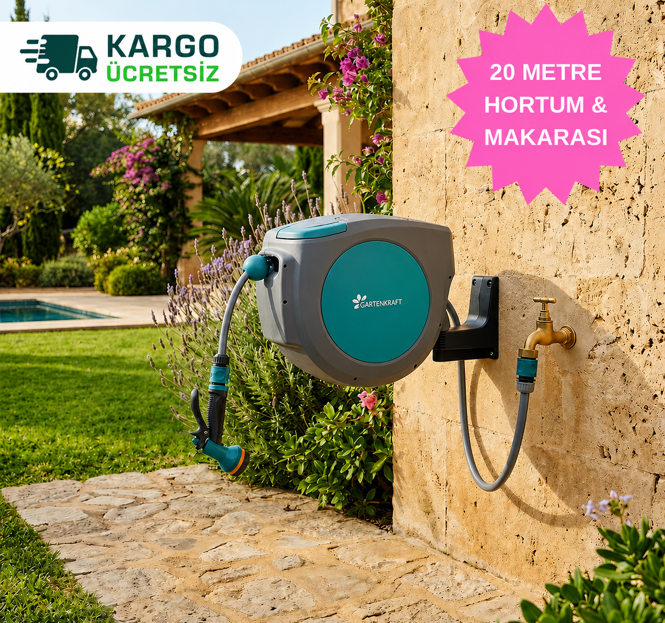 GARTENKRAFT OTOMATİK HORTUM MAKARASI + 1/2'' 20 METRE HORTUM