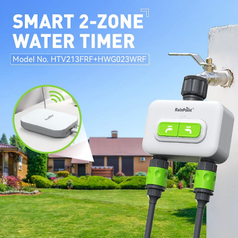 RainPoint HTV213FRF Mini Dijital 2-Çıkışlı WiFi'li Kablosuz Musluk Kontrol Cihazı + HWG023WBRF Mini Box Hub